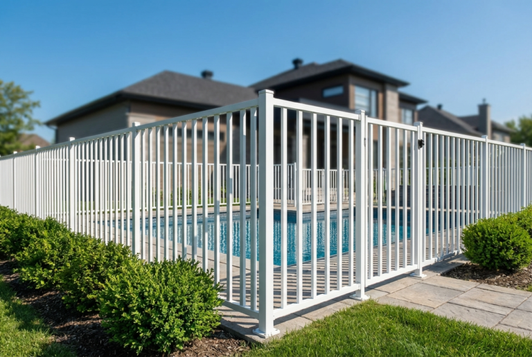 Barrière de piscine en aluminium blanche avec loquet de sécurité surélevé.